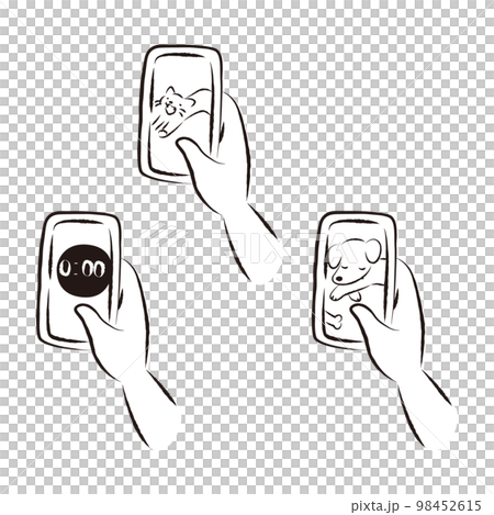 Illustration set holding a smartphone (dog, cat, timer) 98452615