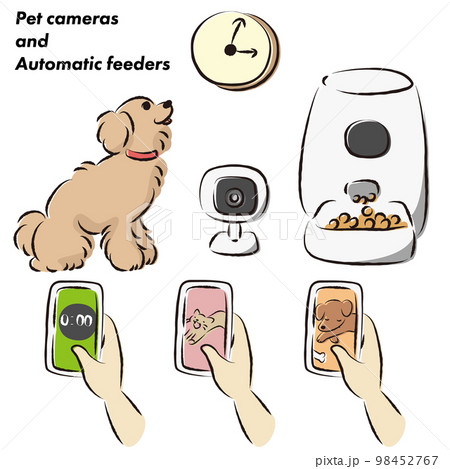 ペットの自動給餌器・犬・スマホ・ペットカメラのイラストセット ペットの自動給餌器・犬・スマホ・ペットカメラのイラストセット 98452767