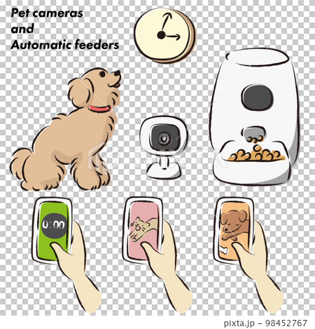 ペットの自動給餌器・犬・スマホ・ペットカメラのイラストセット ペットの自動給餌器・犬・スマホ・ペットカメラのイラストセット 98452767