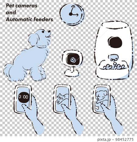 Illustration set of automatic pet feeder, dog, smartphone, pet camera Illustration set of automatic pet feeder, dog, smartphone, pet camera 98452775