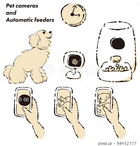 ペットの自動給餌器・犬・スマホ・ペットカメラのイラストセット ペットの自動給餌器・犬・スマホ・ペットカメラのイラストセット 98452777