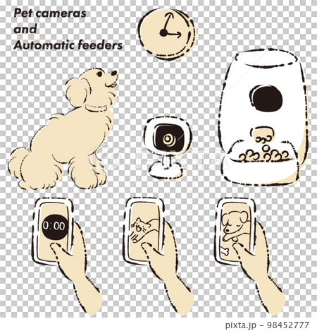ペットの自動給餌器・犬・スマホ・ペットカメラのイラストセット ペットの自動給餌器・犬・スマホ・ペットカメラのイラストセット 98452777