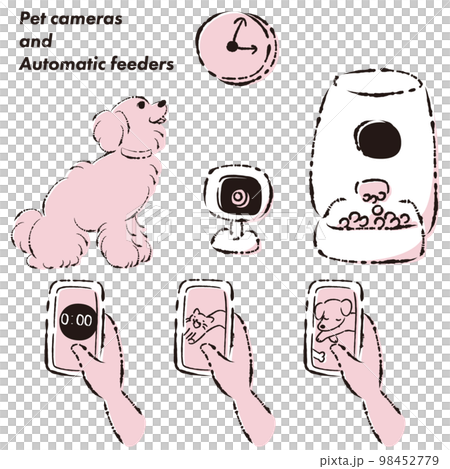 ペットの自動給餌器・犬・スマホ・ペットカメラのイラストセット ペットの自動給餌器・犬・スマホ・ペットカメラのイラストセット 98452779
