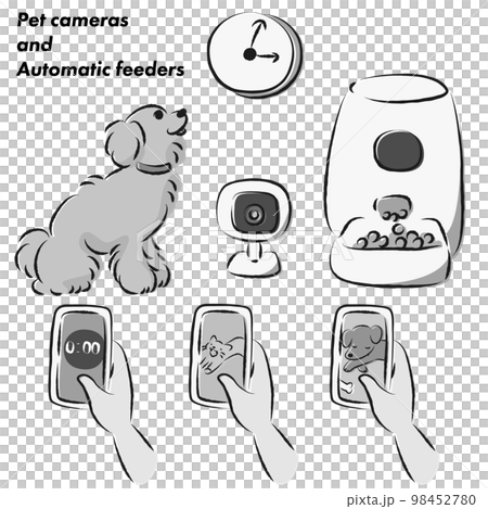 ペットの自動給餌器・犬・スマホ・ペットカメラのイラストセット ペットの自動給餌器・犬・スマホ・ペットカメラのイラストセット 98452780