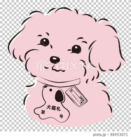 Illustration of a dog with a dog license and a rabies vaccination vote attached to its collar 98453071