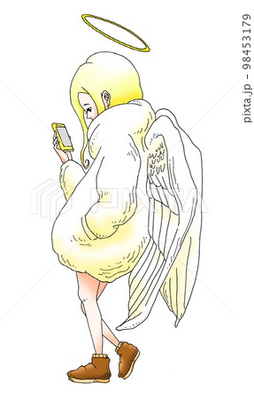 スマホを見る天使の女の子 スマホを見る天使の女の子 98453179