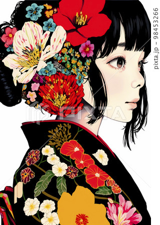 艶やかな花柄の和服がよく似合う日本女性「AI生成画像」 98453266