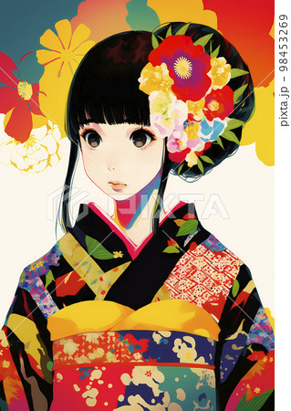 艶やかな花柄の和服がよく似合う日本女性「AI生成画像」 98453269