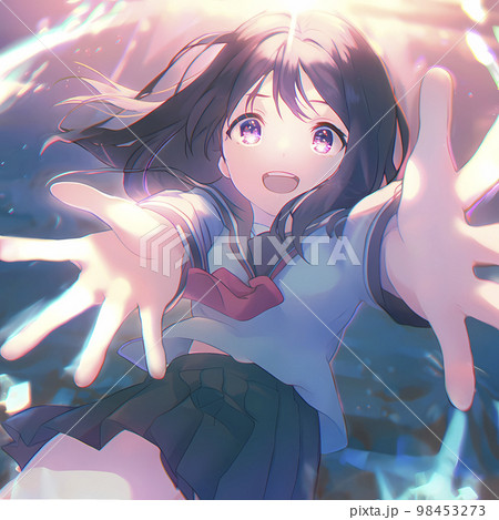 両手を差し伸べる女子高生「AI生成画像」のイラスト素材 [98453273