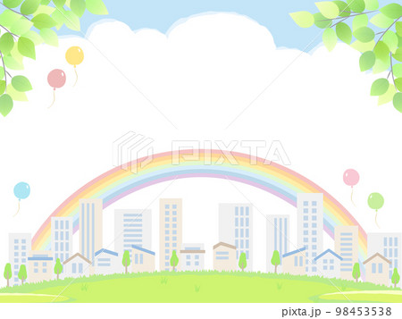青空と虹と草原とビル群と葉　街と緑の風景 98453538