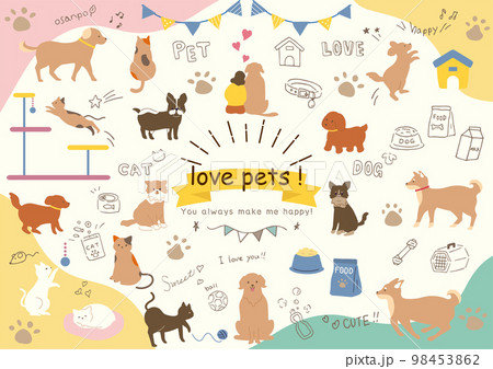 手がきの犬、猫とペット用品アイコンのセット 手がきの犬、猫とペット用品アイコンのセット 98453862