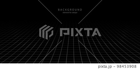 Perspective grid with depth of field effect. Abstract wireframe landscape. Detailed lines on black background. Wide blueprint texture. Vector. 98453908