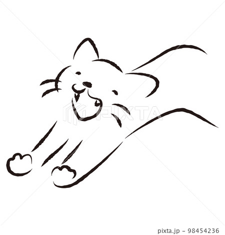 あくびをする猫のシンプルな線画イラスト（白黒） 98454236