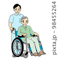 車いすに乗る高齢者と介護士のイラスト（男性ヘルパーと男性患者、左向き） 98455264
