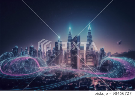 Smart city with communication network graphic connecting the city with wireless 98456727