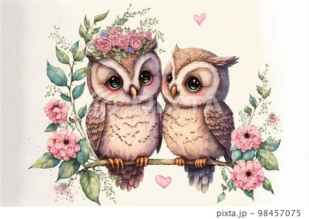 Cute little owl in love on romantic Valentine's day hand drawn cartoon style 98457075