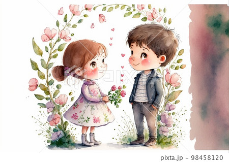 Cute boy and girl in love on romantic Valentine's day hand drawn cartoon style 98458120