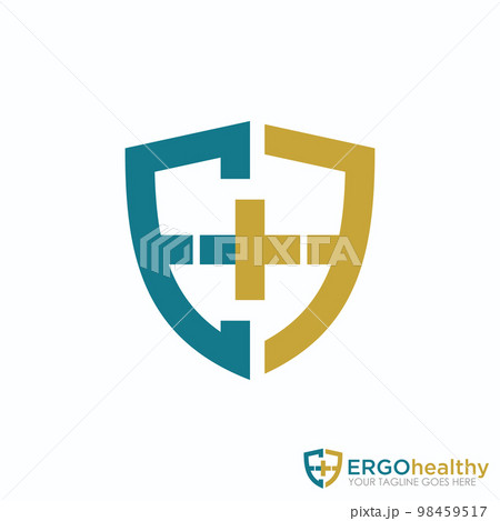 Letter EH or EF with plus or cross logo in shield or guard image graphic icon logo design abstract concept vector stock. Can be used as a symbol related to health or initial 98459517