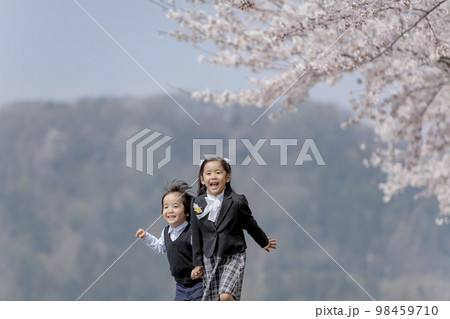 桜の咲く遊歩道を歩く入学入園の姉弟 98459710