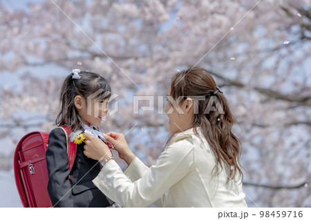 桜の咲く遊歩道で会話する入学の娘と母親 桜の咲く遊歩道で会話する入学の娘と母親 98459716