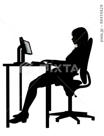 悪い姿勢での椅子の座り方 パソコンをする時に椅子の背もたれにもたれかかる姿勢のイラスト 98459829