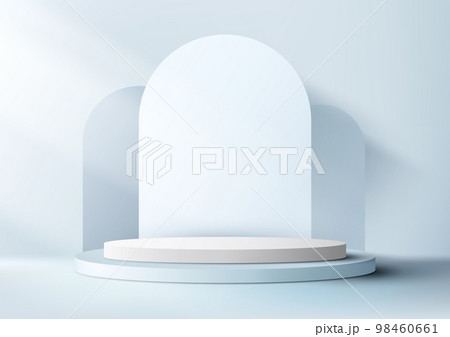 3D realistic empty blue and white podium cylinder shape product display with blue rounded backdrop 3D realistic empty blue and white podium cylinder shape product display with blue rounded backdrop 98460661