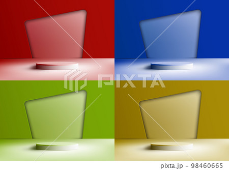 Set of 3D realistic white podium pedestal stand on red, blue, green, yellow colours background 98460665