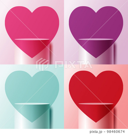 Happy valentine's day set of 3D realistic white podium stand with pink, purple, blue, red heart shape symbol background Happy valentine's day set of 3D realistic white podium stand with pink, purple, blue, red heart shape symbol background 98460674