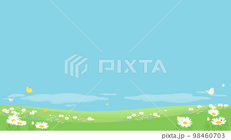 春の背景イラスト　青い空と野原の花と蝶々 98460703
