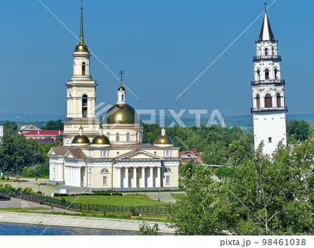 Spaso-Preobrazhensky Cathedral and Nevyansk Leaning Tower. Leaning tower built by Demidov in the city of Nevyansk in 1721-1725. 98461038