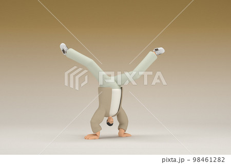 A man with glasses wearing brown cloth.  He is doing exercise.  3d rendering of cartoon character in acting. 98461282