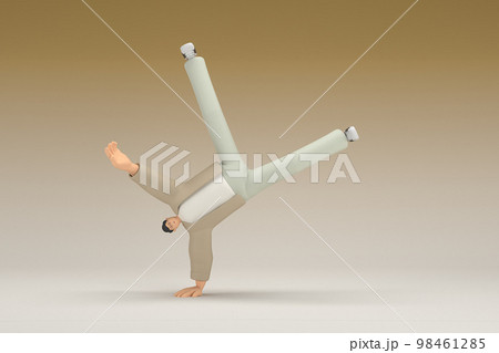 A man with glasses wearing brown cloth.  He is doing exercise.  3d rendering of cartoon character in acting. 98461285