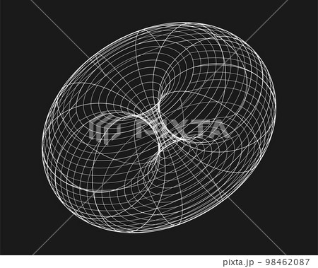 Cyber distorted shape, retro punk design element. Wireframe wave geometry shape on black background. Vector illustration 98462087