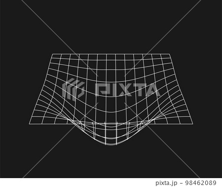 Cyber distorted grid, retro punk design element. Wireframe wave geometry grid on black background. Vector illustration 98462089
