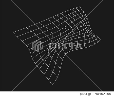 Cyber distorted grid, retro punk design element. Wireframe wave geometry grid on black background. Vector illustration 98462100