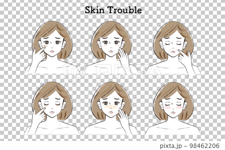 お肌のトラブルのイラストセット(ボブカット/セミロングの女性) お肌のトラブルのイラストセット(ボブカット/セミロングの女性) 98462206