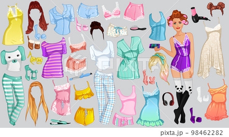Pyjama Party Paper Doll with Beautiful Lady, Outfits, Hairstyles and Accessories. Vector Illustration 98462282