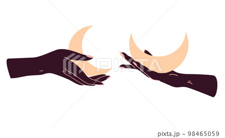 Magical female hands holding the moon set. Alchemy esoteric mystical magic heavenly talisman with a female hand. The object of spiritual occultism. Isolated vector illustration 98465059