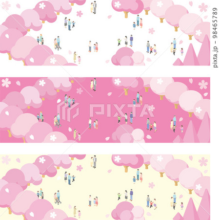 バナー　アイソメトリック　家族　ファミリー　お花見　春　さくら　桜　人物　フレーム　背景　イラスト 98465789