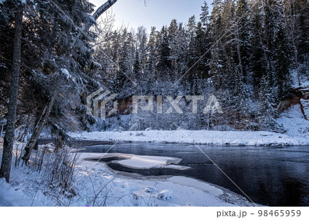 Winding river under the ice. Winter forest and river landscape in snowy nature. Winding river under the ice. Winter forest and river landscape in snowy nature. 98465959