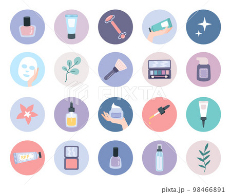 Instagram highlights, trendy cute cosmetics beauty and facecare concept icons. Set of website icons. Skin care products and decorative cosmetics icons in flat style. Vector illustration 98466891