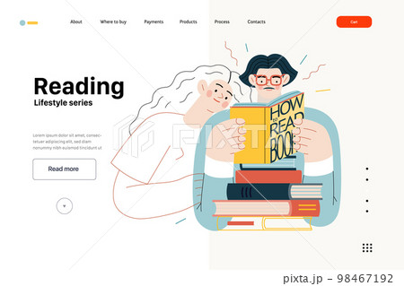 Lifestyle web template - Reading - modern flat vector illustration of a man and a woman reading the books. People activities concept Lifestyle web template - Reading - modern flat vector illustration of a man and a woman reading the books. People activities concept 98467192