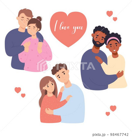 Collection happy couples in love. Cute fair-skinned and dark ethnicity peoples gently hug. Vector illustration in flat cartoon style. Isolated loving pairs for design, postcards, valentines. Collection happy couples in love. Cute fair-skinned and dark ethnicity peoples gently hug. Vector illustration in flat cartoon style. Isolated loving pairs for design, postcards, valentines. 98467742