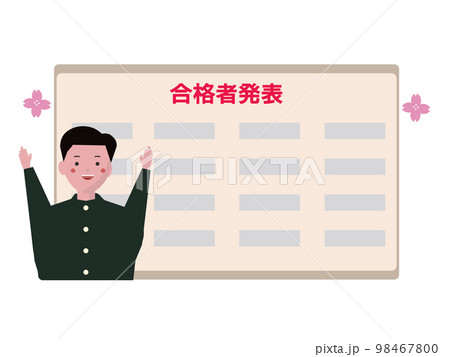 合格発表で喜ぶ男子学生。受験合格、中学生、高校生。試験に受かった学生。ベクターイラスト 合格発表で喜ぶ男子学生。受験合格、中学生、高校生。試験に受かった学生。ベクターイラスト 98467800