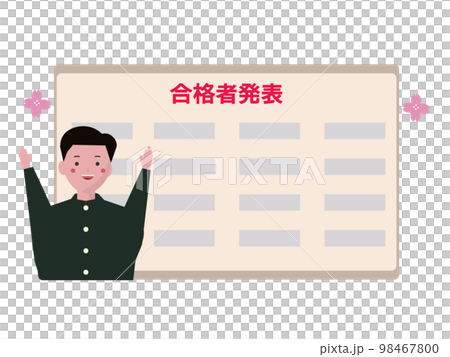合格発表で喜ぶ男子学生。受験合格、中学生、高校生。試験に受かった学生。ベクターイラスト 合格発表で喜ぶ男子学生。受験合格、中学生、高校生。試験に受かった学生。ベクターイラスト 98467800