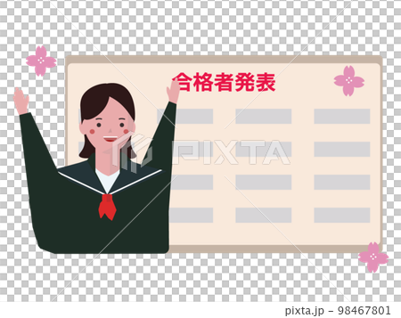 A female student who is pleased with the result announcement. Passing exams, junior high school students, high school students. student who passed the exam. vector illustration A female student who is pleased with the result announcement. Passing exams, junior high school students, high school students. student who passed the exam. vector illustration 98467801