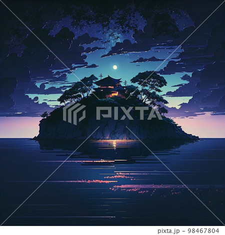 アニメ背景　美しい日本の夜の海　小島 98467804