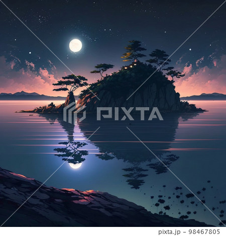 アニメ背景　美しい日本の夜の海　小島 98467805