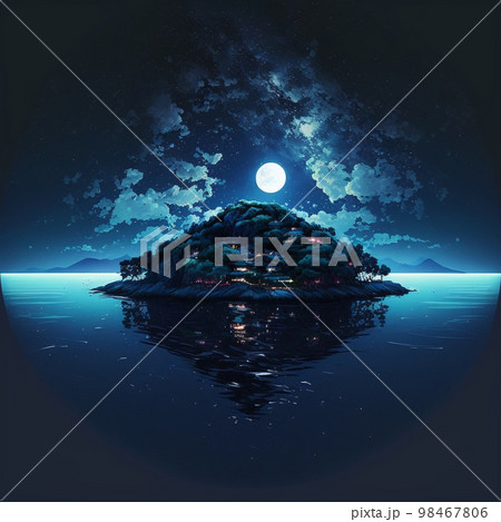 アニメ背景　美しい日本の夜の海　小島 98467806