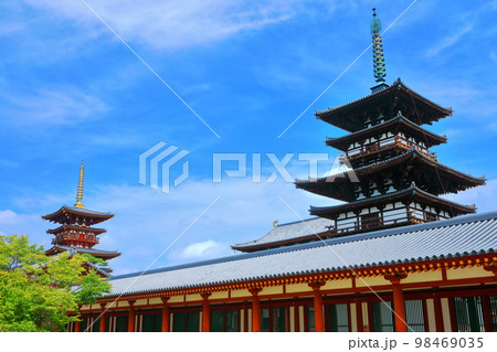 【奈良県】晴天下の薬師寺（東塔と西塔） 98469035